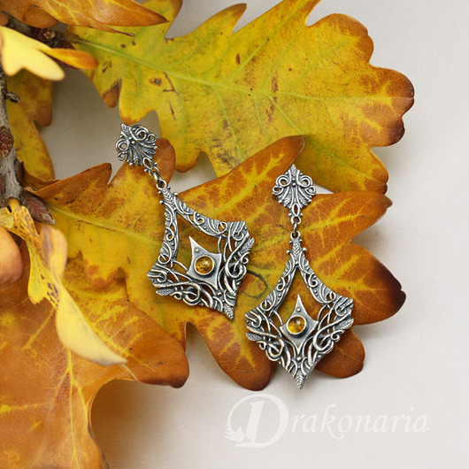 kolczyki wire wrapping Sindarin - Laer, bursztyn