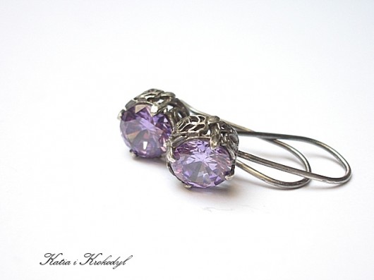 kolczyki wire wrapping Koronkowe-lawenda