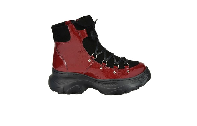 botki damskie Botki skórzane - suwak i sznurówki -   czerwono czarne  (6214)