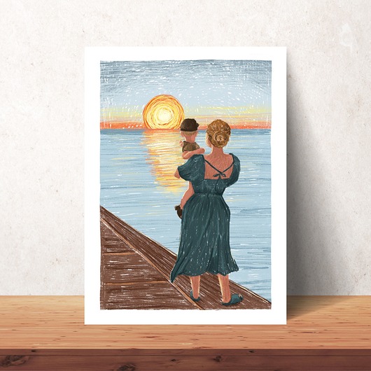 grafiki i ilustracje Zachód słońca Ilustracja Plakat mama i dziecko