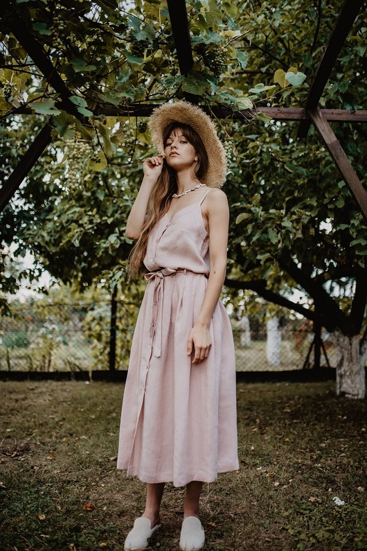Lniana sukienka na ramiączkach,DUSTY PINK Yanowska