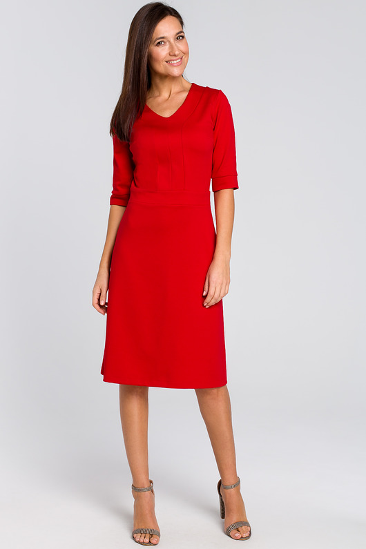 sukienki midi damskie Sukienka dzianinowa z dekoltem-czerwona(S-153)