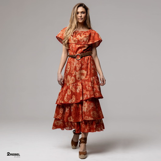 sukienki maxi damskie FLOWERBOMB letnia, długa sukienka z bawełny z falbanami