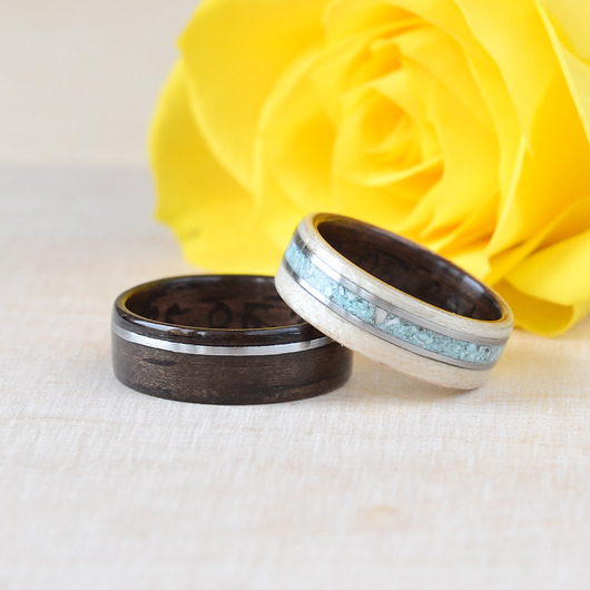 Komplet obrączek EBONY, MAPLE, STEEL & TURQUOISE nordwoodrings