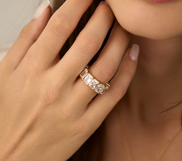 pierścionki złote Pierścionek z cyrkoniami bagietami - srebro 925 pozłacane