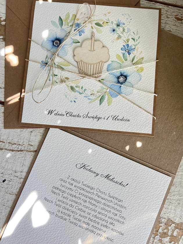 kartki, zaproszenia na chrzest Wyjątkowa ręcznie robiona kartka na chrzest i roczek jednocześnie