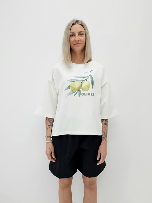 t-shirt damskie Bawełniana bluzka z oliwkami o luźnym kroju z rękawem 3/4