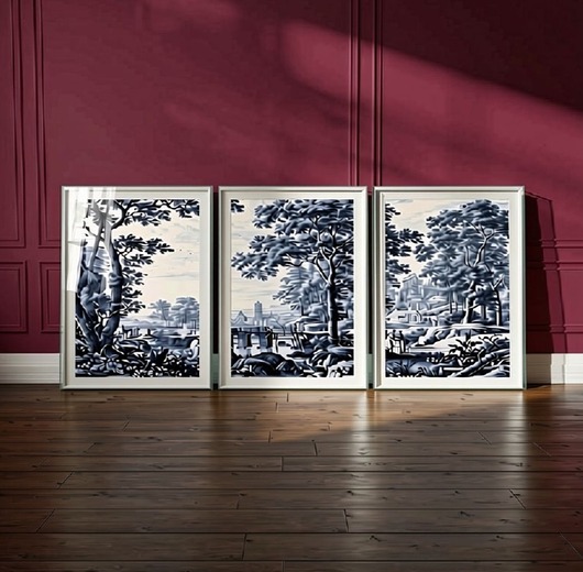 grafiki i ilustracje 3 PLAKATY niebieskie, toile de jouy sztuka ścienna