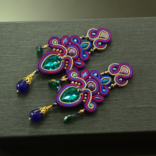kolczyki soutache Fioletowo morskie kandelabrowe kolczyki sutasz