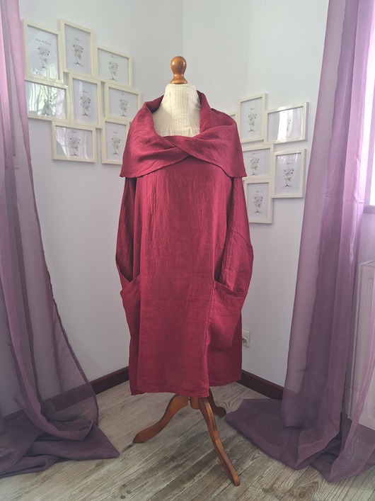 sukienki midi damskie Lniana sukienka tunika XXL burgund