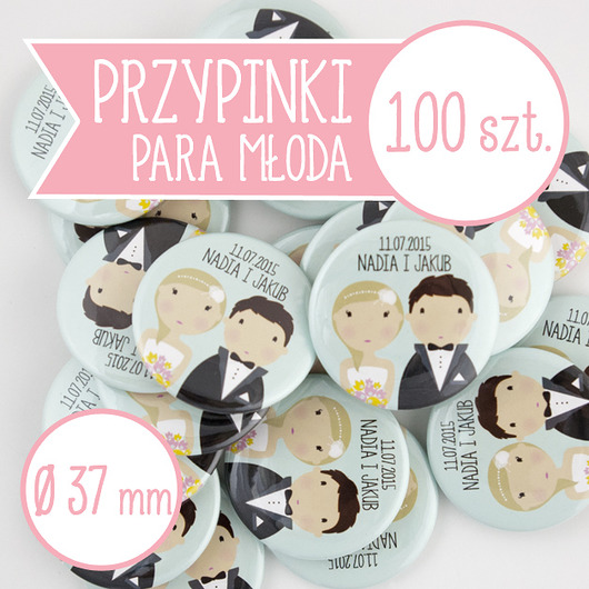100 szt. przypinki ślubne Młoda Para 37 mm inkipinki