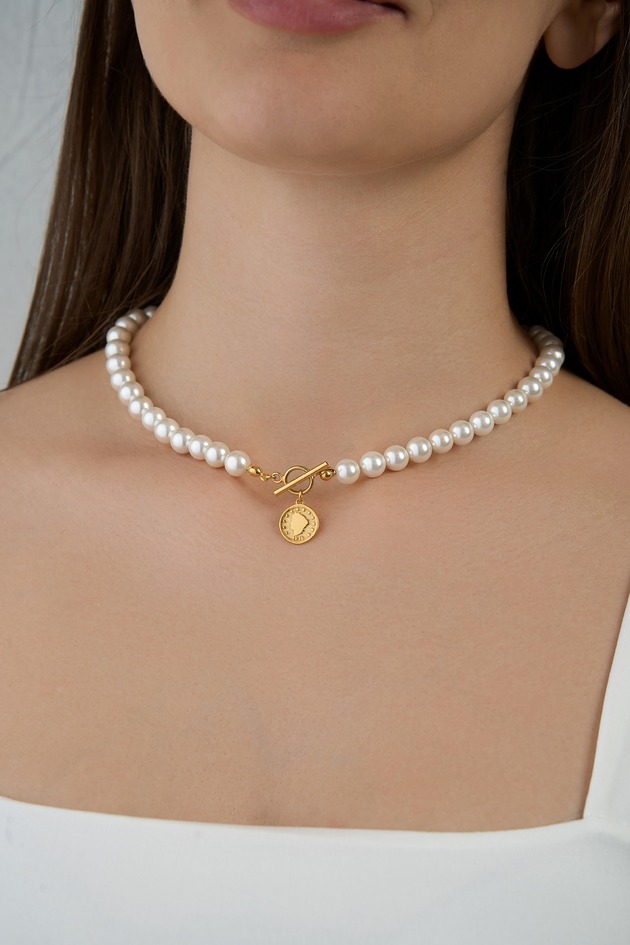chokery Choker naszyjnik perły moneta-  srebro 925 pozłacane