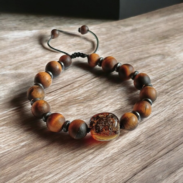 biżuteria męska BURSZTYN, tygrysie oko UNIKAT unikatowa bransoletka M-XL