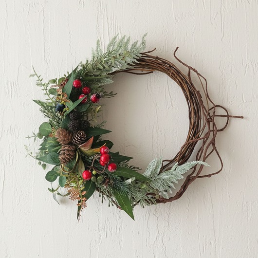 wianki bożonarodzeniowe Asymetryczny wianek z szyszkami i głogiem (26cm)