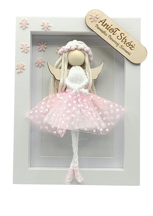 makramy Aniołek w Ramce Róż 20cm