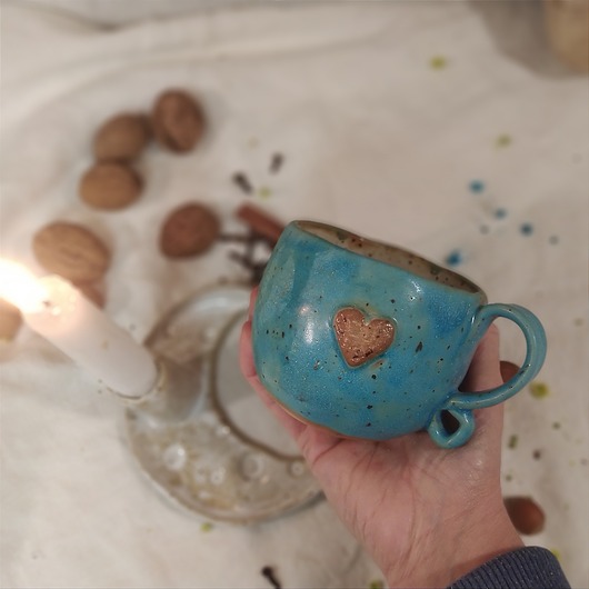 kubki Kubek ceramiczny z serduszkiem turkusowy,  Hand made