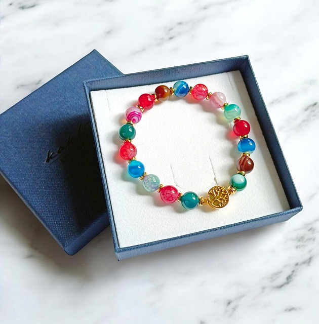 bransoletki z kamieni naturalnych Drzewo życia : agat multicolor i hematyt złoty