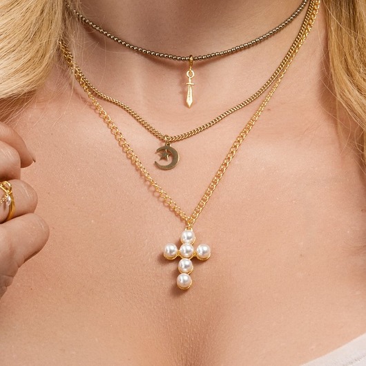 złote naszyjniki Łańcuszek z krzyżem z perłami Pearl Cross
