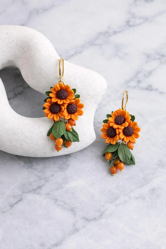 kolczyki z masy plastycznej Kolczyki Słoneczniki  Kolczyki z gliny polimerowej handmade