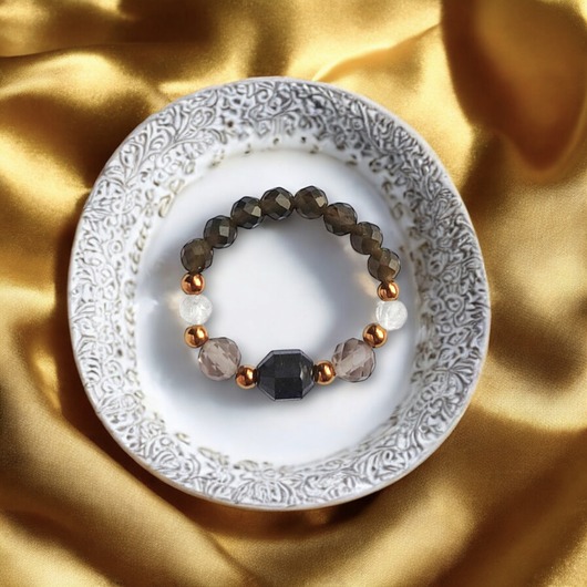 pierścionki elastyczne OCHRONA : pierścionek II - turmalin, obsydian, kwarc dymny, kryształ górski