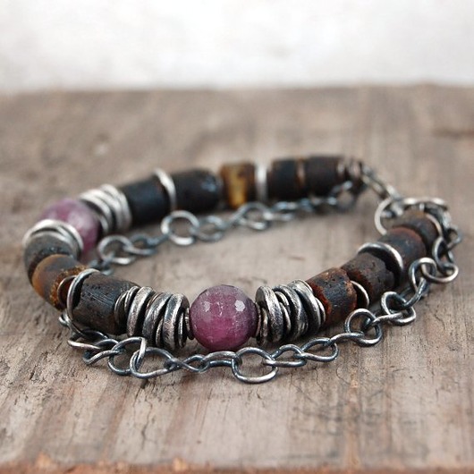 bransoletki wire wrapping bursztyn rubin srebrna bransoleta