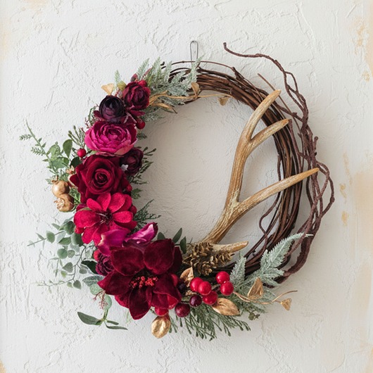 wianki bożonarodzeniowe Asymetryczny wieniec z jelenim rogiem (26cm)