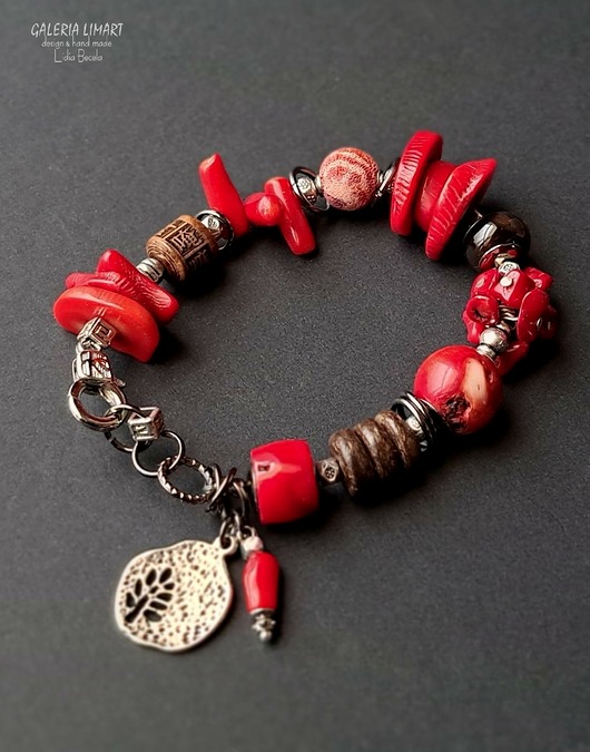 bransoletki z kamieni naturalnych Niezwykła bransoleta boho z koralem i mixem minerałów bis prezent lux UNIKAT