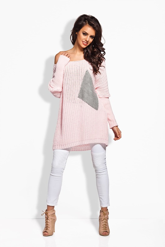 LS166 Sweter oversize z kieszenią -pudrowy róż LEMONIADE