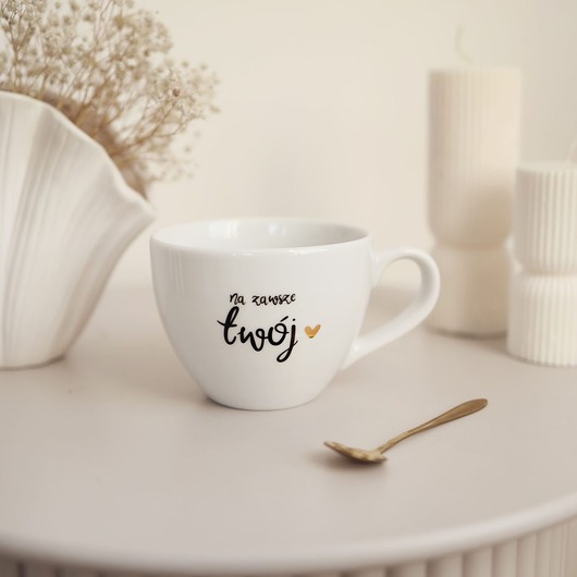 kubki Biały Kubek Porcelanowy 500 ml - Napis Na Zawsze Twój ze Złotym Sercem dla Pa