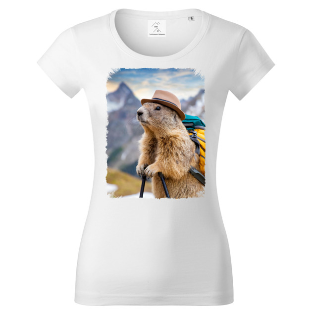 t-shirt damskie Tatra Art świstak na górskim szlaku z plecakiem w kapeluszu koszulka damska v5