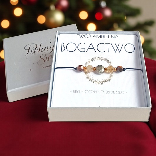 bransoletki z kamieni naturalnych Amulet - BOGACTWO - świąteczne pudełko - PIRYT, CYTRYN, TYGRYSIE OKO