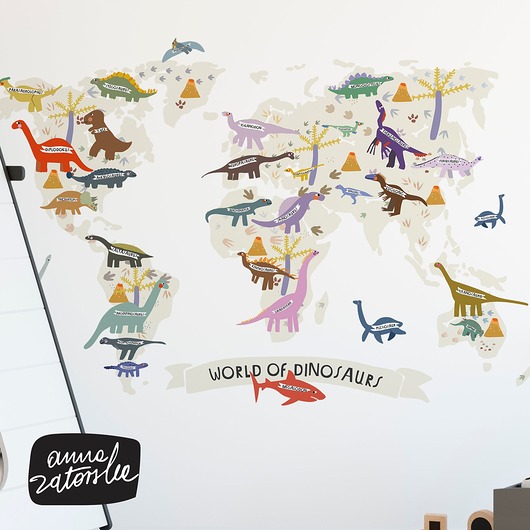 naklejki ścienne do pokoju dziecka Mapa świata z dinozaurami. Naklejki ścienne zestaw