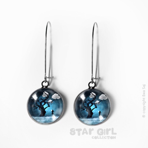 kolczyki szklane Star Girl i Obłoki dark silver dł.