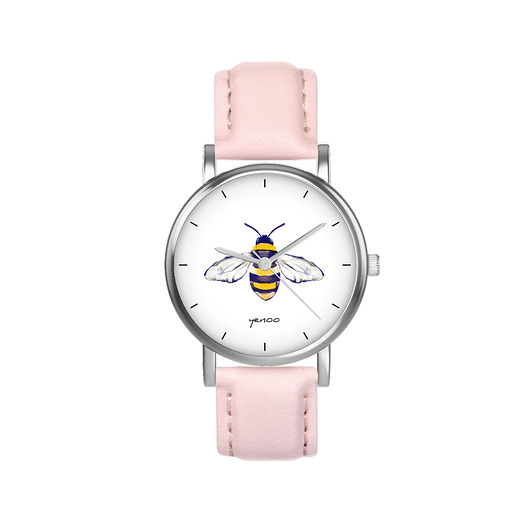 zegarki damskie Zegarek  mały - Pszczoła - skórzany, pudrowy róż