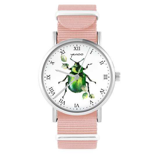zegarki damskie Zegarek - Zielony żuczek - brzoskwiniowy róż