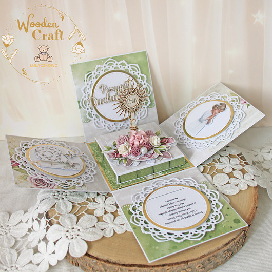 kartki na komunię Exploding box komunijny, kartka na komunię "Violet Roses" GOTOWY