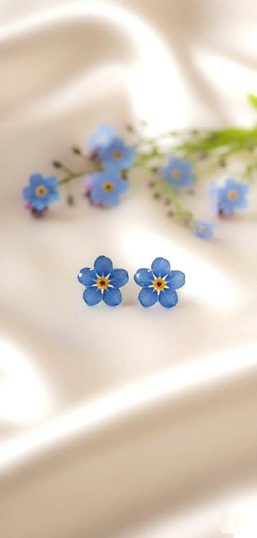 kolczyki z żywicy Kolczyki wkrętki z prawdziwymi niezapominajkami