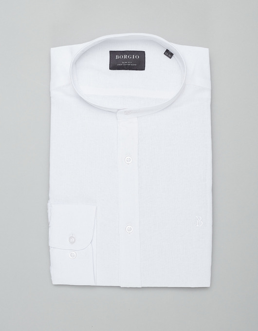 koszule męskie Koszula męska lniana ze stójką lentini 00386 biały slim fit