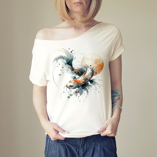 t-shirt damskie Koi niebieski na Waniliowym oversize