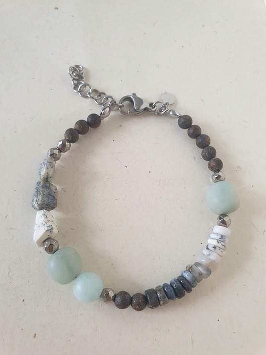 bransoletki z kamieni naturalnych Bransoletka BOHO z opalem dendrytowym, akwamarynem, bronzytem, hematytem