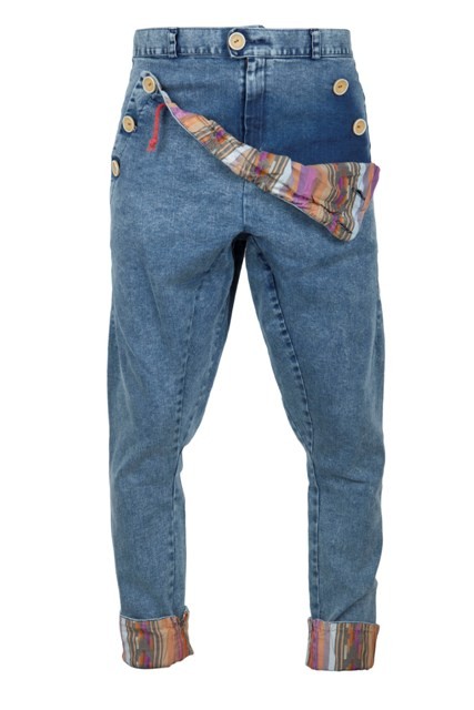 Jasne jeansowe Madoxy z podszewką w etno paski  Madox design