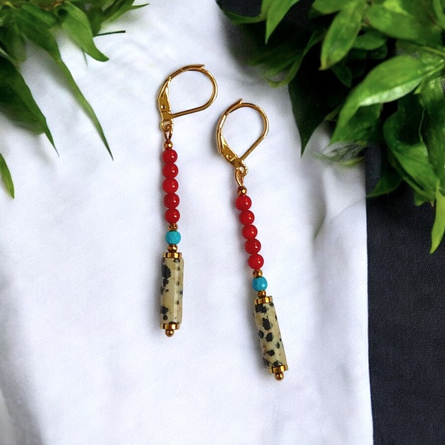 kolczyki z kamieniami Kolczyki długie : INDIA: jaspis, koral, magnezyt