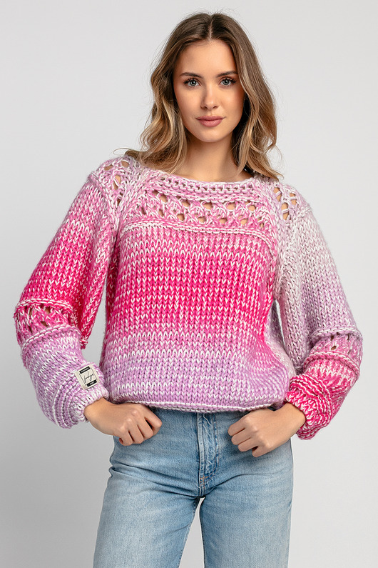 swetry damskie  Sweter ażurowy o grubszym splocie chunky knit F1976 różowy
