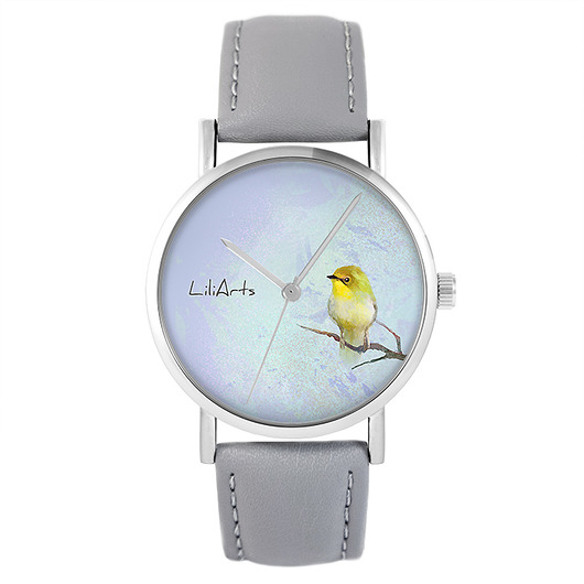 zegarki damskie Zegarek - Żółty ptaszek - skóra, szary