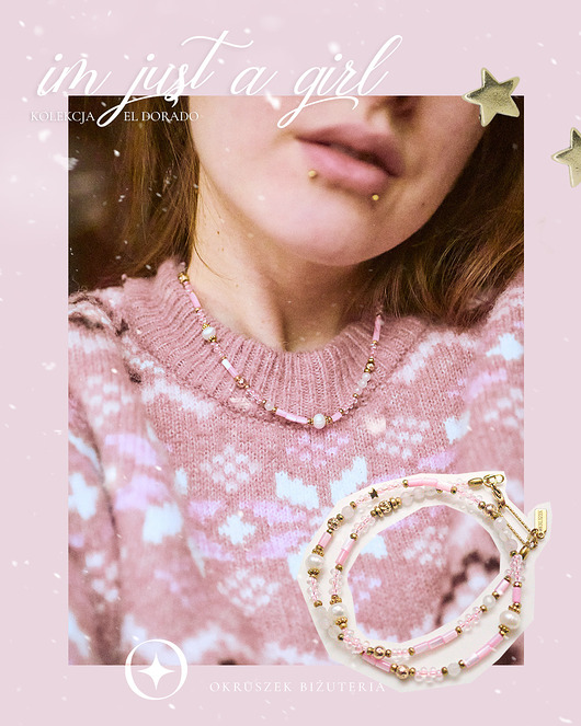 złote naszyjniki I'm just a girl, kwarc różowy, perły; kolekcja El Dorado