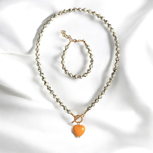 komplet biżuterii RAZEM TANIEJ : jaspis dalmatyński i serce : miodowe : komplet