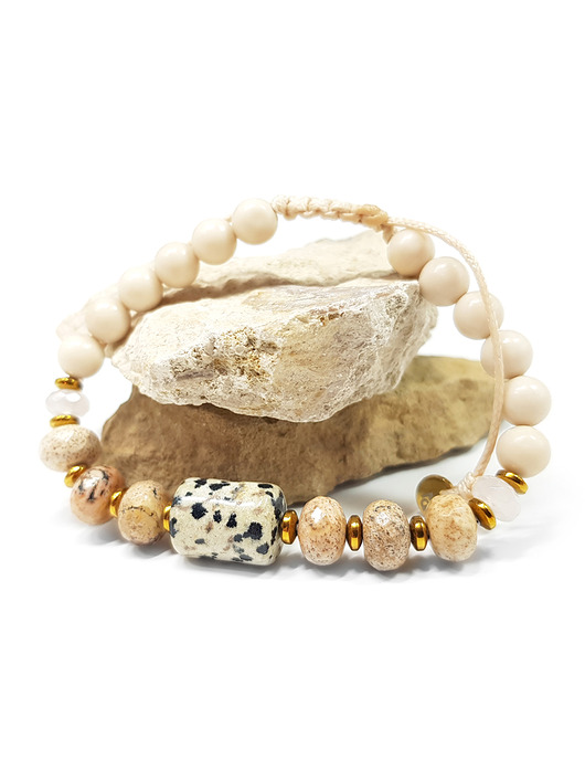 bransoletki z kamieni naturalnych Jaspis dalmatyńczyk, kwarc różowy, kamień rzeczny  i hematyt bransoletka