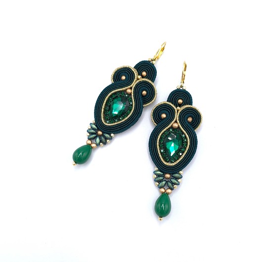 kolczyki soutache Kolczyki sutasz złoto zielone eleganckie z kryształkiem Rosalia