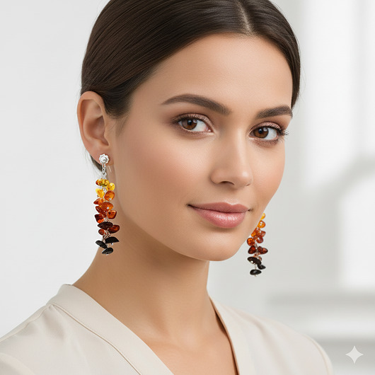 kolczyki srebrne Bursztyn OMBRE, srebro 925, długie kolczyki gronka z bursztynem