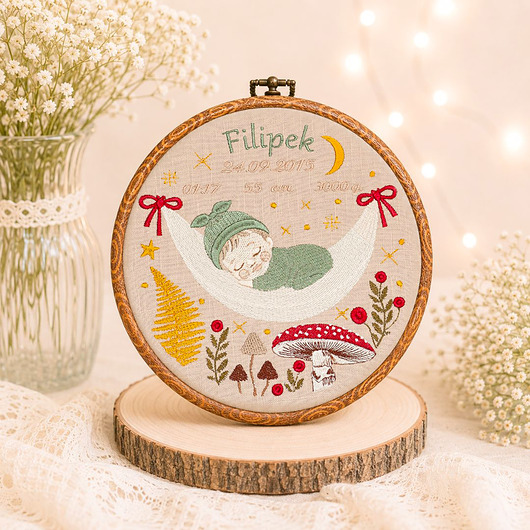 obrazy i plakaty do pokoju dziecięcego Haftowana personalizowana metryczka, pamiątka narodzin w oprawie 20 cm